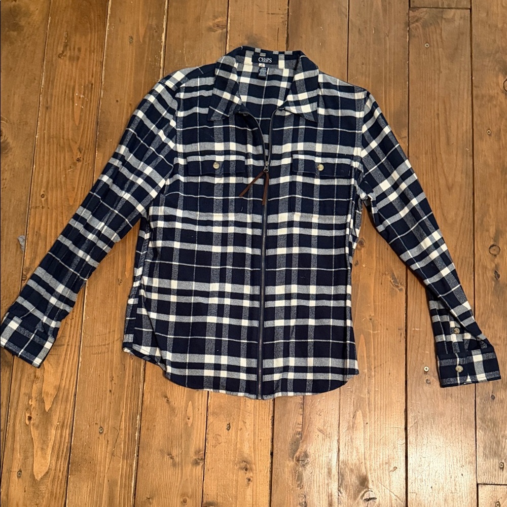 Chaps Navy and Cream Plaid Zip-Up Shirt